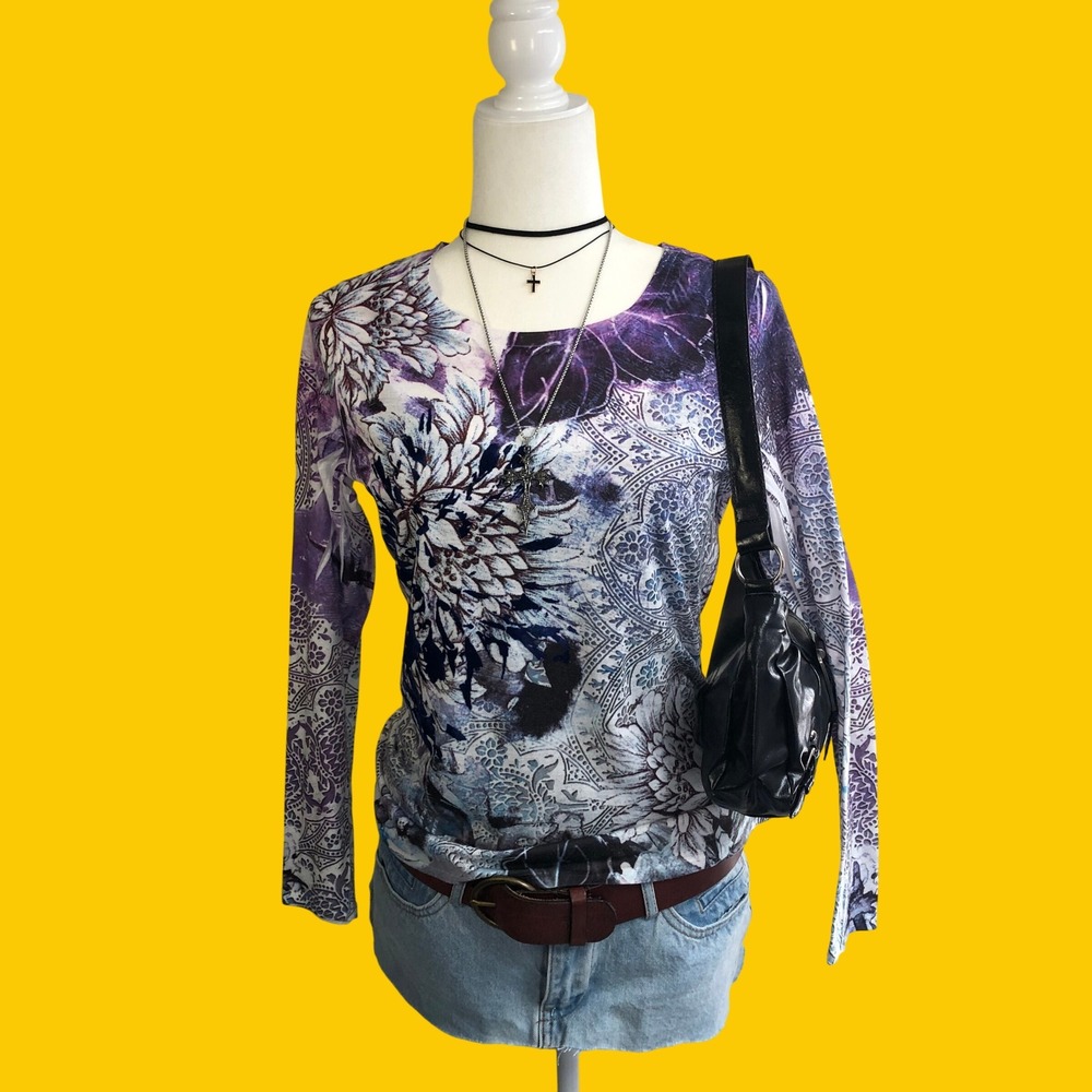 Vintage Y2K Coldwater Creek Purple Floral Mandala Graphic Grunge Top Womens S